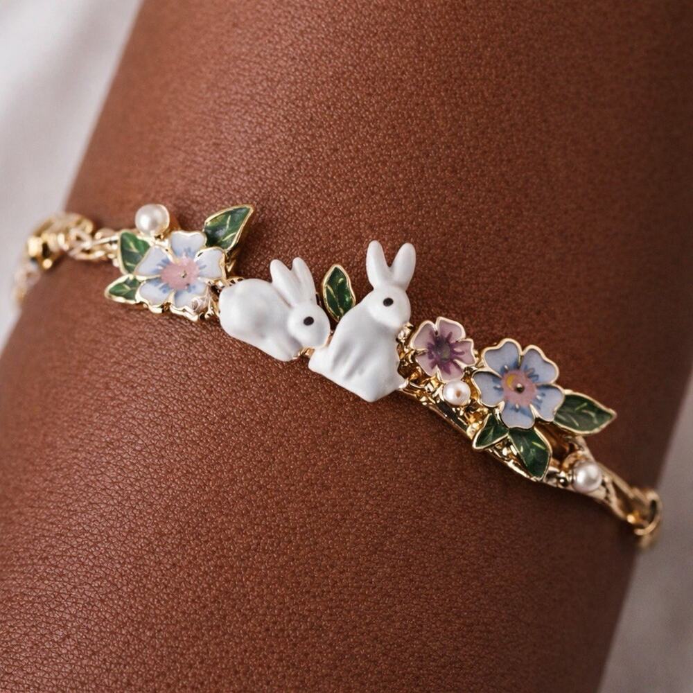 Bunny Flower Bracelet Petal Leaf Boho Chain VTG Rabbit Animal French Designer CZ